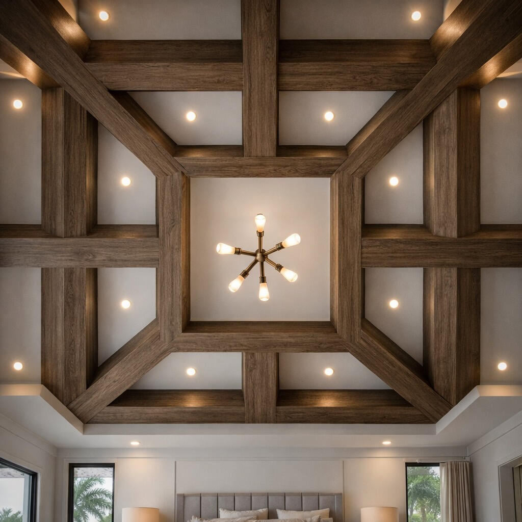 Coffered ceiling with wood beams and recessed lighting in Lake Nona bedroom