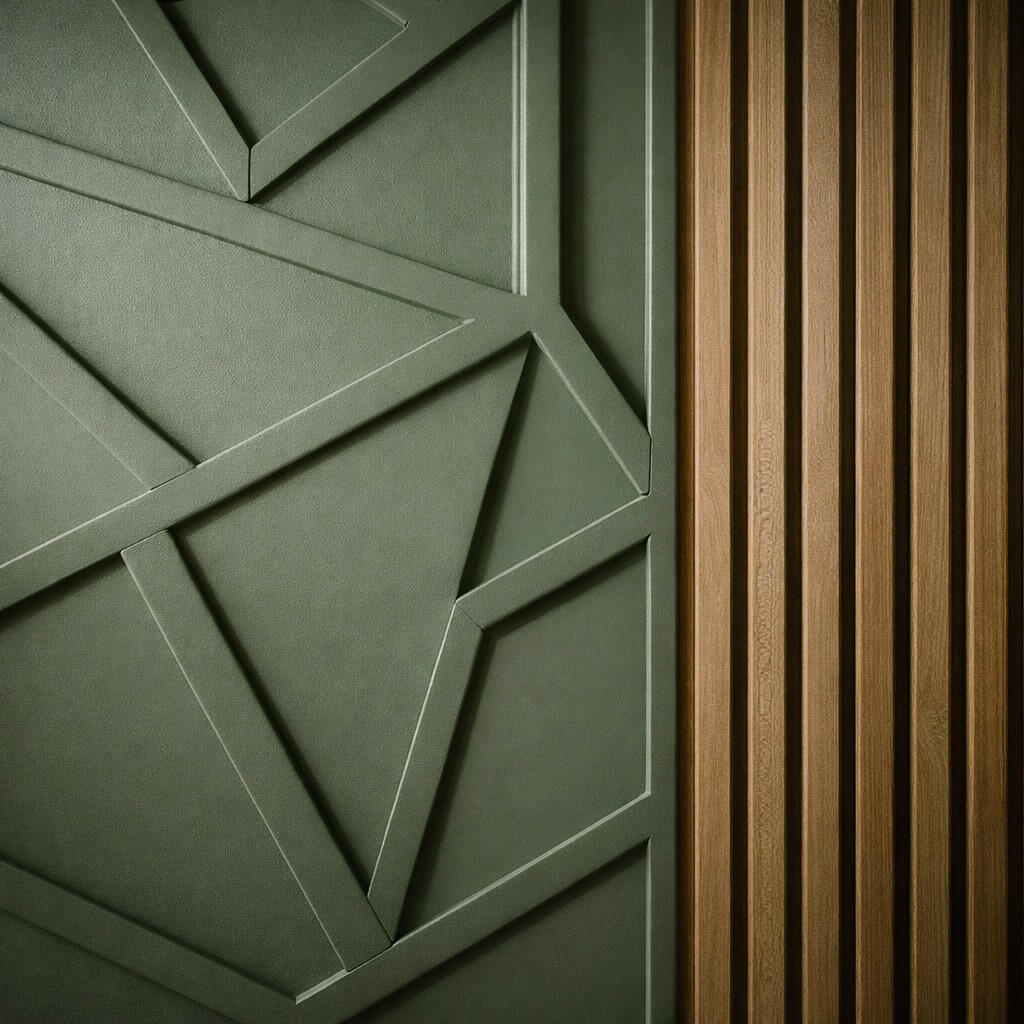 Geometric accent wall with sage green trim and oak slat panels in Lake Nona interior