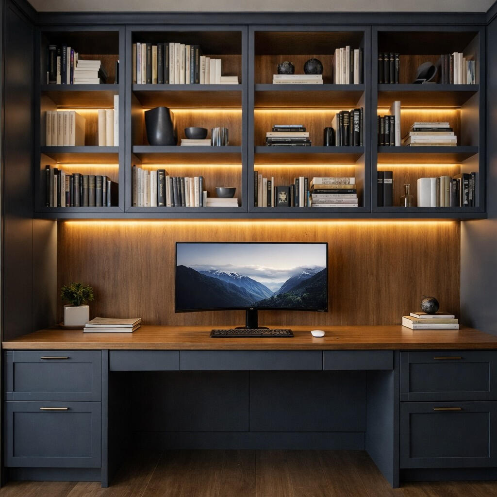 Custom built-in home office cabinets with LED lighting in Lake Nona Florida